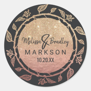 Sticker Rond Rose Gold Floral Parties scintillant or Ombre Mari