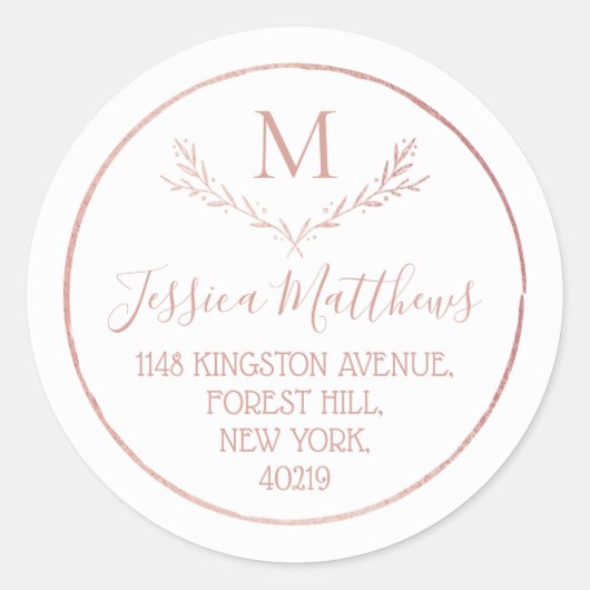 Sticker Rond Rose Gold Foil Wreath Monogramme Adresse de retour (Devant)