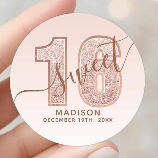 Sticker Rond Rose Gold Glitter Script Sweet 16 Anniversaire