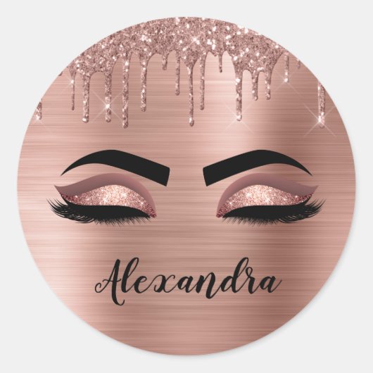 Sticker Rond Rose Gold Glitter Sparkle Eyelashes Monogram (Devant)