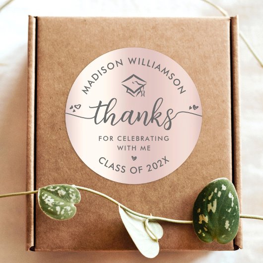 Sticker Rond Rose Gold Graduation Merci moderne Script Coeur