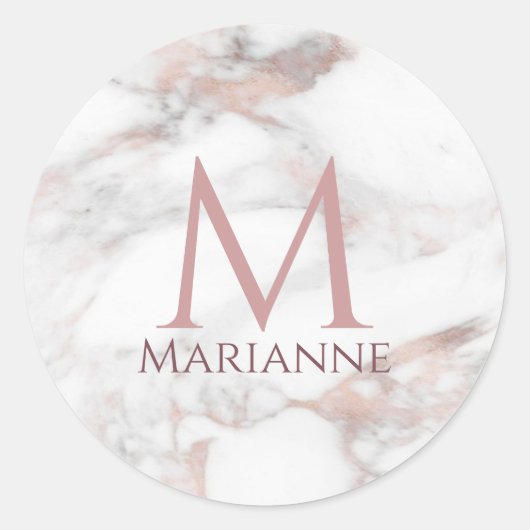 Sticker Rond Rose Gold Marbre Élégant Moderne Monogramme Person (Devant)