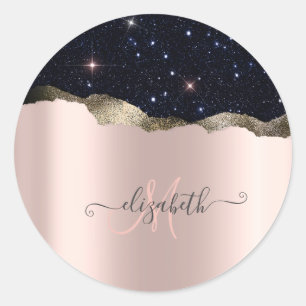 Sticker Rond Rose Gold Monogramme Pailleté Noir Moderne 