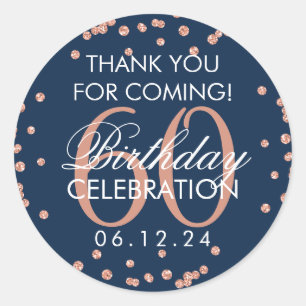 Sticker Rond Rose Gold Navy 60e anniversaire Merci Confetti