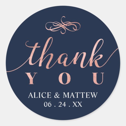 Sticker Rond Rose Gold & Navy | Merci Mariage, Favoriser (Devant)