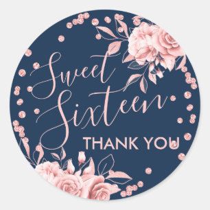 Sticker Rond Rose Gold Navy Sweet 16 Merci Parties scintillant 