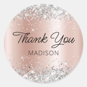 Sticker Rond Rose Gold Pailleté Argenté Ombre Merci
