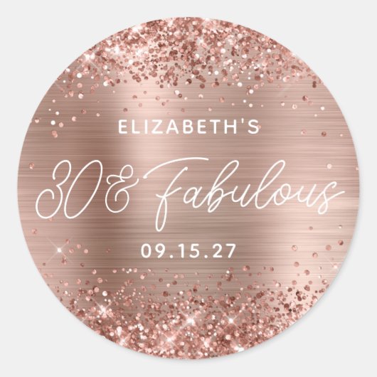 Sticker Rond Rose Gold Pailleté Glam Moderne Script 30 & Fabule (Devant)