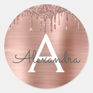 Sticker Rond Rose Gold - Pailleté Rose Blush Monogramme Personn