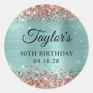 Sticker Rond Rose Gold Pailleté Turquoise Clair 50e Anniversair