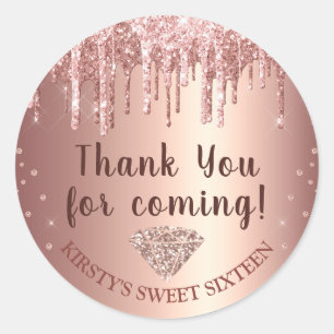 Sticker Rond Rose Gold Pailletés et Diamant Sweet 16