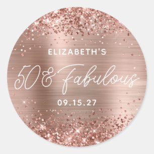 Sticker Rond Rose Gold Pailletés Glam Moderne Script 50 & Fabul
