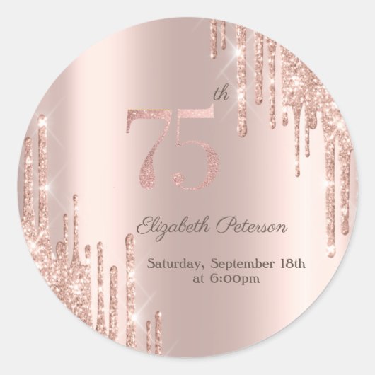 Sticker Rond Rose Gold Parties scintillant Drips 75e fête d'ann (Devant)