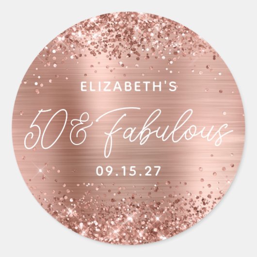 Sticker Rond Rose Gold Parties scintillant Glam Modern Script 5 (Devant)