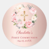 Sticker Rond Rose gold pink floral wreath First Communion (Devant)