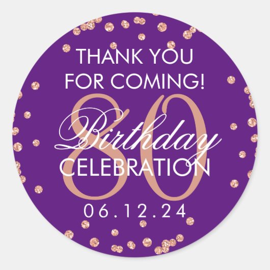 Sticker Rond Rose Gold Purple 80e anniversaire Merci Parties sc (Devant)