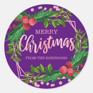 Sticker Rond Rose Gold Purple Famille Noël Holly Parties scinti