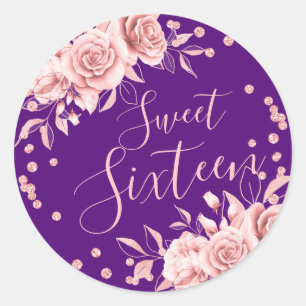 Sticker Rond Rose Gold Purple Sweet 16 Anniversaire Floral Part