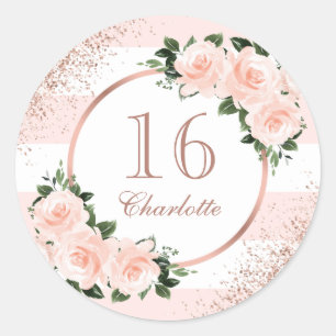 Sticker Rond Rose Gold Rose Floral Sweet 16 Anniversaire