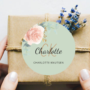 Sticker Rond Rose gold rose florale vert sauge merci