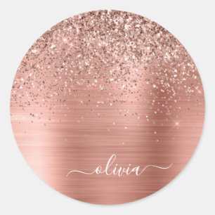 Sticker Rond Rose Gold Rose Glitter Monogrammé Métal Brossé