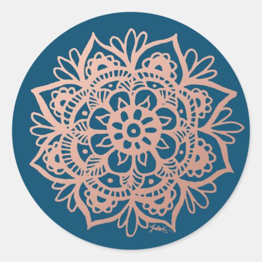 Sticker Rond Rose Gold Rose Mandala sur Fond Nuit (Devant)
