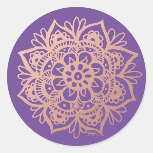 Sticker Rond Rose Gold Rose Mandala sur Fond Violet (Devant)