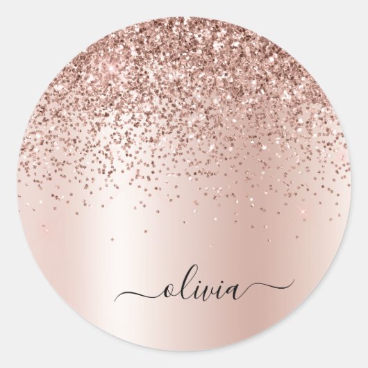 Sticker Rond Rose Gold - Rose Pâle Pailleté Monogramme Nom (Devant)
