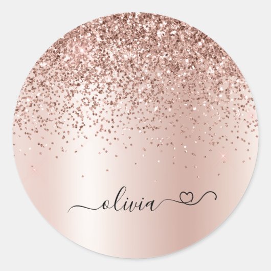 Sticker Rond Rose Gold - Rose Pâle Pailleté Monogramme Nom (Devant)