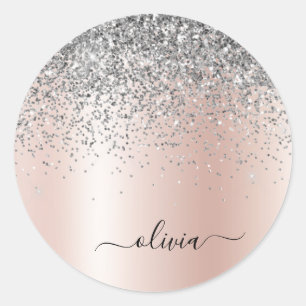 Sticker Rond Rose Gold - Rose Pâle Paillettes Argent Monogramme