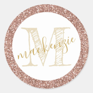 Sticker Rond Rose Gold Rose Parties scintillant Initiale Faveur