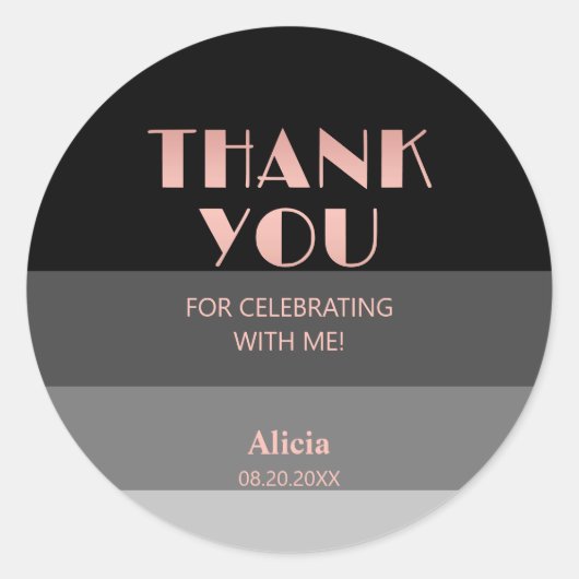 Sticker Rond Rose Gold Script Gris noir rayures Anniversaire (Devant)