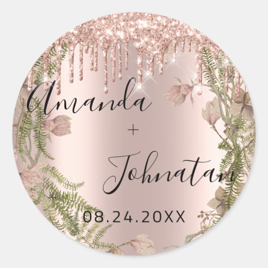 Sticker Rond Rose Gold Simplement Nom Date Florales Gouttes (Devant)
