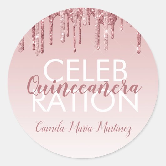 Sticker Rond Rose Gold Sparkle Parties scintillant Quinceanera (Devant)