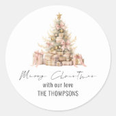 Sticker Rond Rose Gold Tree Nom Joyeux Noël (Devant)