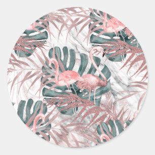 Sticker Rond Rose Gold Tropical Flamants roses Feuilles & Marbl