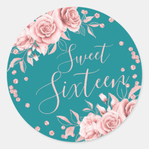 Sticker Rond Rose Gold Turquoise Sweet 16 Anniversaire Floral P