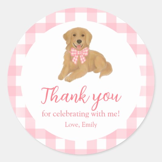 Sticker Rond Rose Golden Retriever Anniversaire Merci Favoriser (Devant)