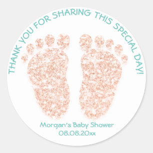 Sticker Rond Rose GoldGlitter Pieds Baby shower Favoriser Cadea