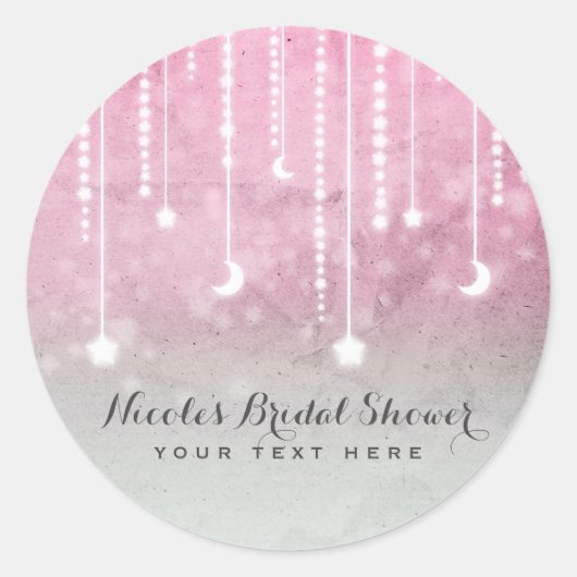 Sticker Rond Rose Gris Blanc Lune & Étoiles Baby shower céleste (Devant)