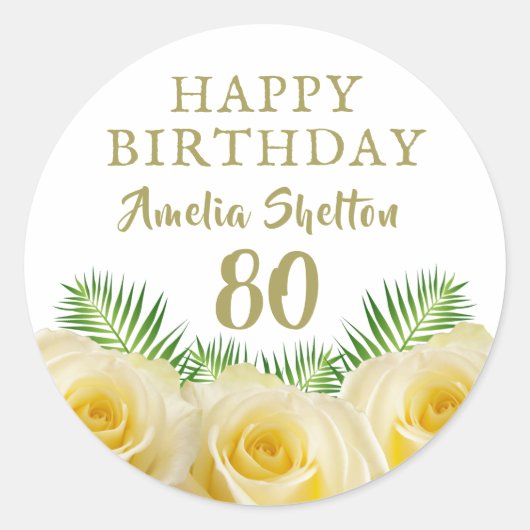 Sticker Rond Rose jaune et fleurs Feuilles 80e anniversaire (Devant)