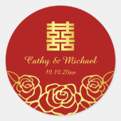 Sticker Rond Rose mariage chinois découpé en carton rouge et or (Devant)