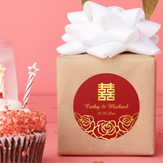 Sticker Rond Rose mariage chinois découpé en carton rouge et or (Fête)