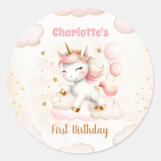 Sticker Rond Rose mignon Unicorn Magique fille Anniversaire (Devant)