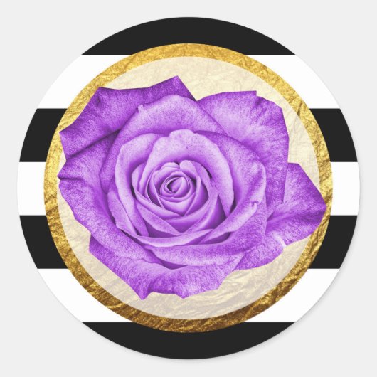 Sticker Rond Rose moderne violet Faux Gold Foil Mariage rayé (Devant)