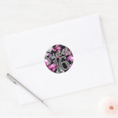 Sticker Rond Rose Noir Argent Faux Paillettes Regard Douce 16 (Enveloppe)