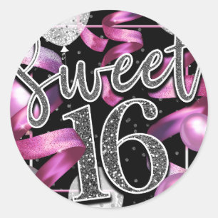 Sticker Rond Rose Noir Argent Pailleté Faux Regard Douce 16