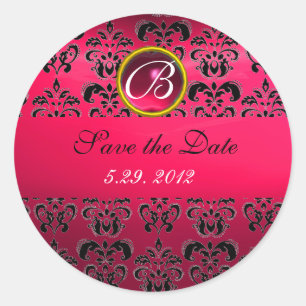 Sticker Rond ROSE NOIR DAMASK MONOGRAM, rubis rouge, fuchsia