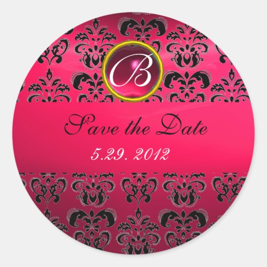 Sticker Rond ROSE NOIR DAMASK MONOGRAM, rubis rouge, fuchsia (Devant)