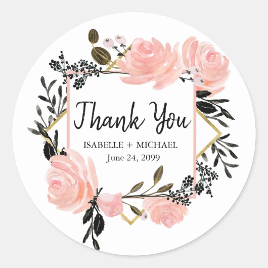 Sticker Rond Rose, noir, or Merci Mariage Floral (Devant)